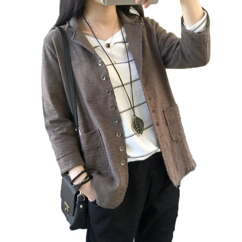 Vintage Suit Jacket Women Oversized Cotton And Linen Lapel Seven Sleeve Casual Blazer Feminino 2022 Spring Shirt Coat f758