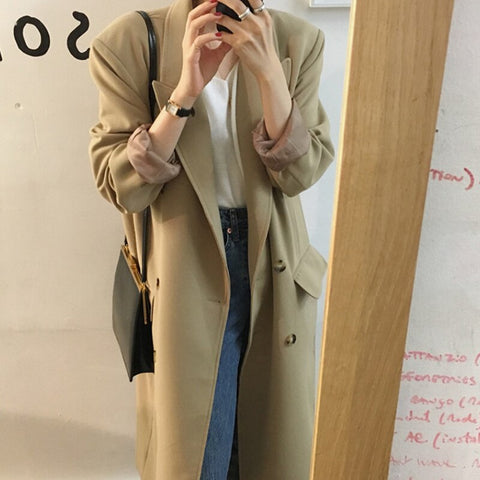 Vintage Super Long Blazer Coat Women 2023 Autumn Winter Elegant Double Breasted Straight Overcoat Jacket Female Outerwear