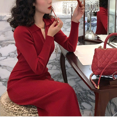 Vintage Sweater Dress Women V Neck Slim Elegant Knitted Dress Party Office Lady Outwear 2022 Winter One Piece Dress Korean Chic