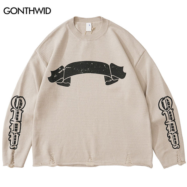 Vintage Sweater Men Hip Hop Letter Print Ripped Destroyed Hole Knitted Pullover Jumpers Streetwear Harajuku Punk Gothic Sweaters