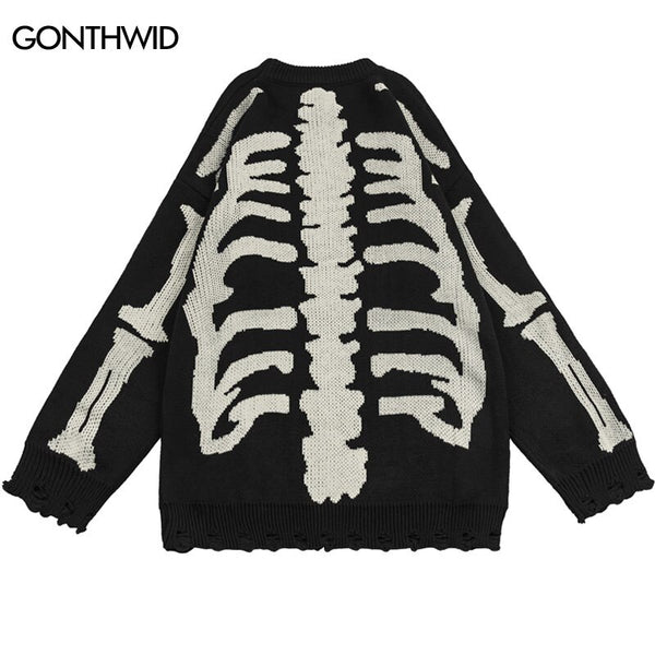 Vintage Sweater Y2K Grunge Hip Hop Knitted Skull Skeleton Destroyed Hole Pullover Jumpers Harajuku Ripped Punk Gothic Streetwear