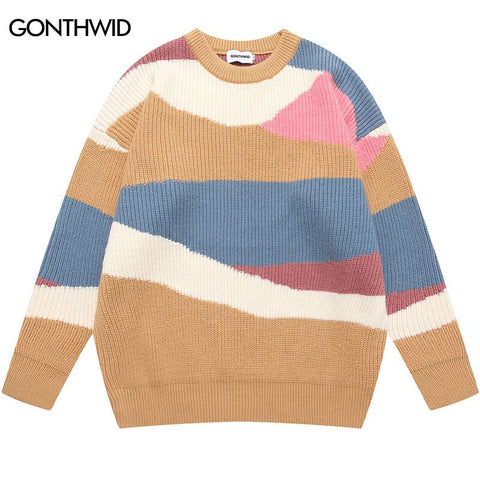 Vintage Sweaters Hip Hop Colorful Knitted Color Block Patchwork Pullover Sweater Autumn Harajuku Casual Loose Jumpers Sweater