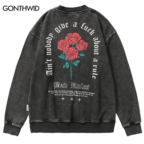 Vintage Sweatshirt Hoodie Hip Hop Rose Floral Letter Print Distressed Wash Crewneck Pullover 2023 Harajuku Casual Loose Hoodies