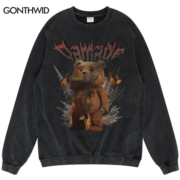 Vintage Sweatshirt Hoodie Streetwear Hip Hop Flame Bear Print Punk Gothic Wash Pullover Harajuku Crewneck High Street
