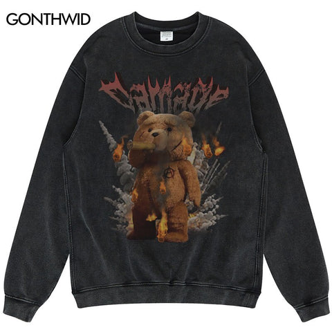 Vintage Sweatshirt Hoodie Streetwear Hip Hop Flame Bear Print Punk Gothic Wash Pullover Harajuku Crewneck High Street