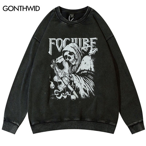 Vintage Sweatshirt Streetwear Grunge Hip Hop Skull Skeleton Print Punk Gothic Cotton Washed Hoodie Men Harajuku Pullover