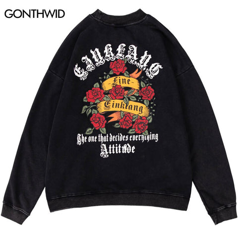 Vintage Sweatshirts Hoodies Streetwear Hip Hop Rose Floral Print Distressed Wash Oversized Sweatshirt Harajuku Casual Pullovers