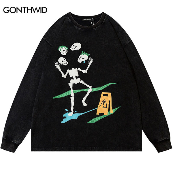 Vintage T-Shirt Hip Hop Funny Skull Skeleton Print Washed Long Sleeve Tshirt Harajuku Casual Loose Cotton Gothic Shirts