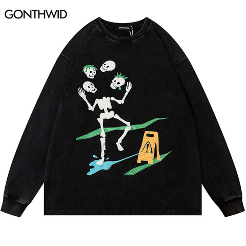Vintage T-Shirt Hip Hop Funny Skull Skeleton Print Washed Long Sleeve Tshirt Harajuku Casual Loose Cotton Gothic Shirts