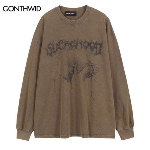 Vintage T-Shirt Hip Hop Horse Letter Print Oversized Long Sleeve Tshirt Streetwear 2023 Harajuku Punk Gothic Casual Loose Shirts