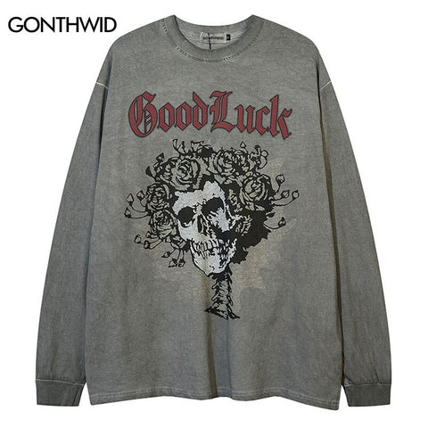 Vintage T-Shirt Hip Hop Retro Skull Skeleton Floral Print Casual Cotton Oversized Tshirt Streetwear Harajuku Punk Gothic Shirts