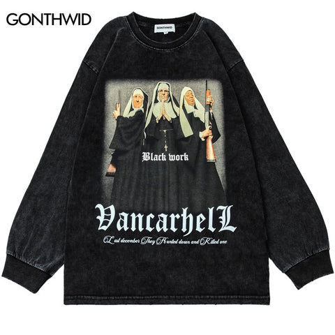 Vintage T Shirt Men Hip Hop Funny Nun Graphic Print Distressed Washed Oversized Shirts Harajuku Casual Cotton Long Sleeve Tshirt
