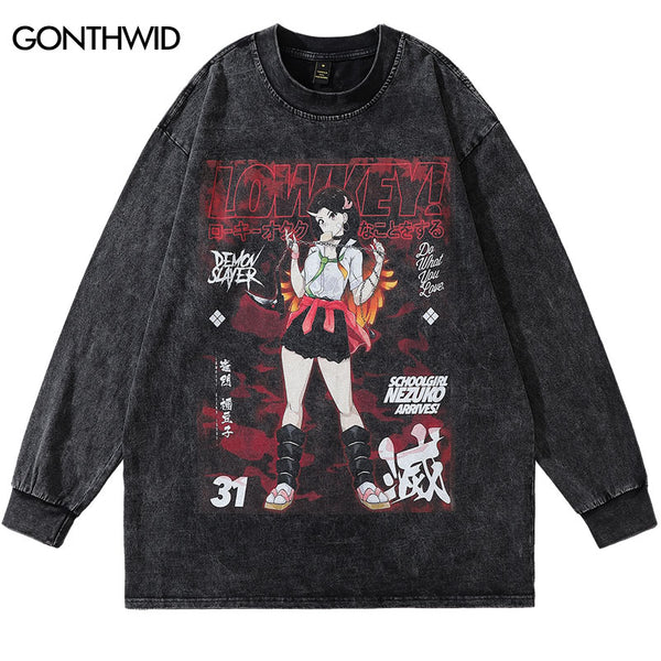 Vintage T-Shirt Streetwear Hip Hop Japanese Anime School Girl Print Washed Long Sleeve Tshirt Harajuku Casual Punk Gothic Shirts