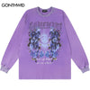 Vintage T-Shirt Streetwear Hip Hop Retro Python Snake Floral Print Long Sleeve Distressed Wash Tshirt Harajuku Cotton Loose Tops