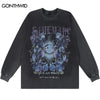 Vintage T-Shirt Streetwear Hip Hop Retro Python Snake Floral Print Long Sleeve Distressed Wash Tshirt Harajuku Cotton Loose Tops