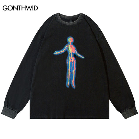 Vintage T Shirt Streetwear Hip Hop Skull Skeleton Print Oversized Long Sleeve Tshirt Harajuku Punk Gothic Distressed Wash Tees