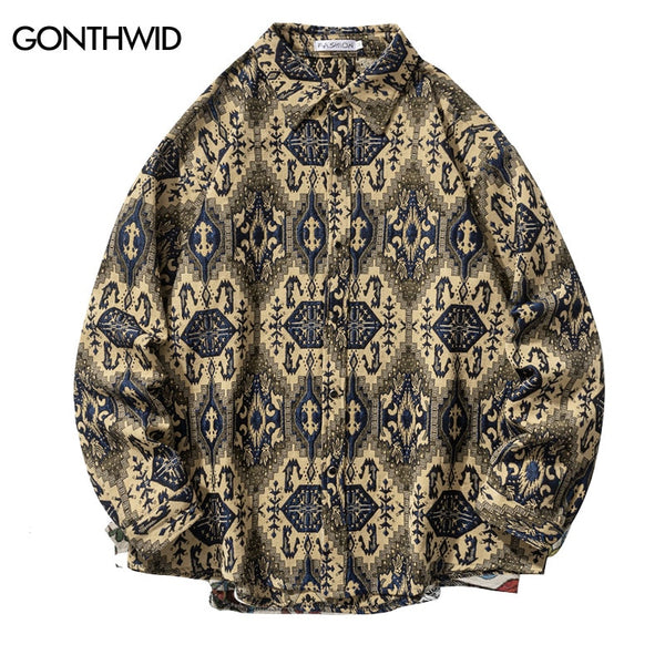 Vintage Thick Shirt Hip Hop Retro Geometric Pattern Button Up Long Sleeve Shirt Streetwear Men 2023 Harajuku Casual Loose Shirts
