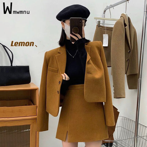 Vintage Thick Woolen Skirts Blazer Outfits Office Women Solid Short Suit Coat and Mini A-line Conjuntos De Falda Two Piece Set