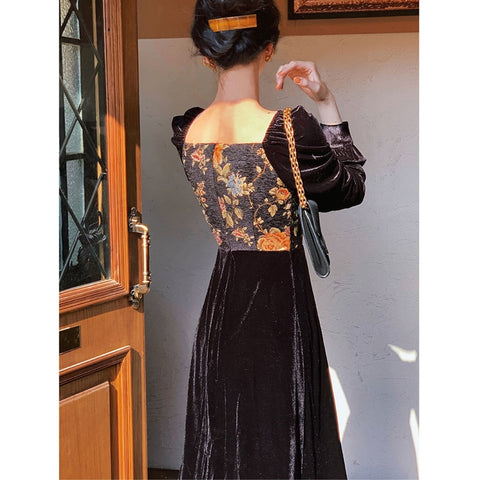 Vintage Velvet Black Dress Lady Square Collor Long Sleeve Eveing Party Midi Dress Women Casual One Piece Dress Korea 2022 Autumn