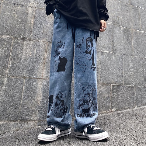 Vintage Washed Jeans Women Streetwear Jeans Harajuku Cartoon Anime Print Jeans Man Jeans Loose Wide Leg Pants Cotton