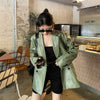 Vintage Women Bean Green Faux Leather Blazers Autumn Loose Casual Notched Collar Big Pocket Long Sleeve Suit Jacket Veste Femme