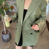 Vintage Women Bean Green Faux Leather Blazers Autumn Loose Casual Notched Collar Big Pocket Long Sleeve Suit Jacket Veste Femme