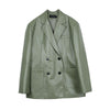 Vintage Women Bean Green Faux Leather Blazers Autumn Loose Casual Notched Collar Big Pocket Long Sleeve Suit Jacket Veste Femme
