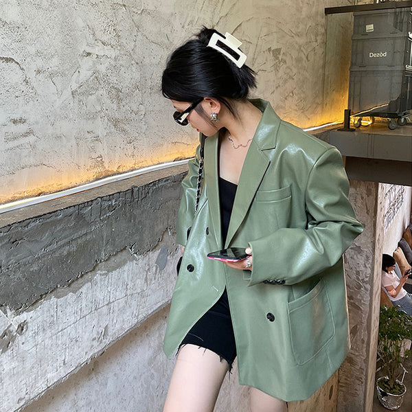 Vintage Women Bean Green Faux Leather Blazers Autumn Loose Casual Notched Collar Big Pocket Long Sleeve Suit Jacket Veste Femme