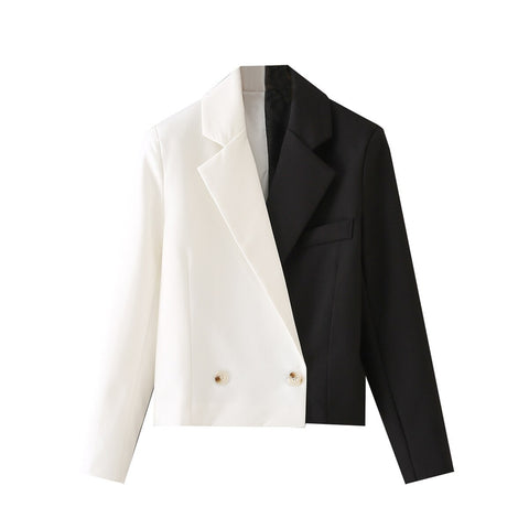 Vintage Women Black White Patchwork Blazer Coat Female Chic Notched Collar Long Sleeve Casual Business Suits Veste
