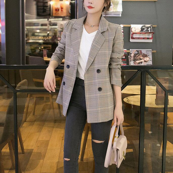 Vintage Women Plaid Blazer Coat Houndstooth Pattern Double-breasted Female Suit Jackets 2023 Autumn Loose Blaser Outwear Femme