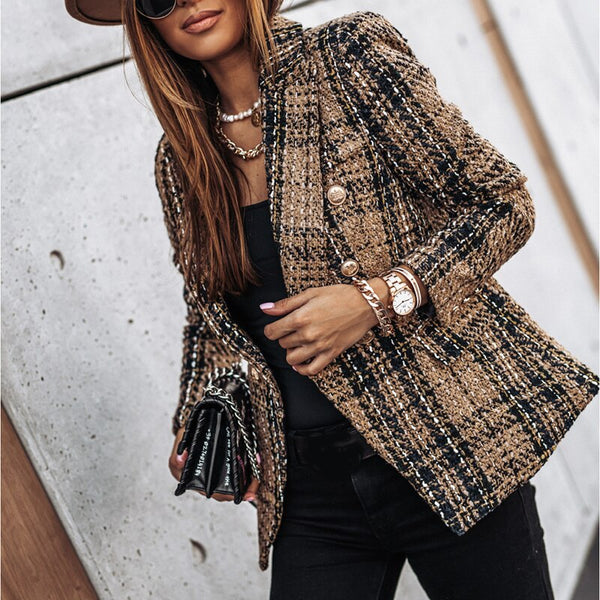 Vintage Women Plaids Lapel Blazers Autumn Long Sleeve Double Breasted Tailored Collar Outerwear Elegant Lady Suits