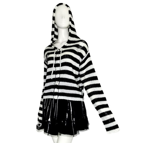 Vintage Women Sweater Harajuku Gothic Girl Skull Striped Knitted Sweater Punk Rock Zipper Loose Hooded Short Cardigan Streetwear