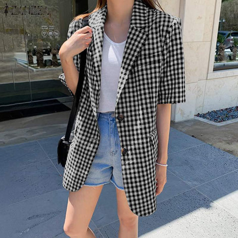 Vintage Women's Check Blazers ZANZEA 2022 Casual Coats Long Sleeve Outwears Female Single Button Plaid Overcoats Oversized Tops