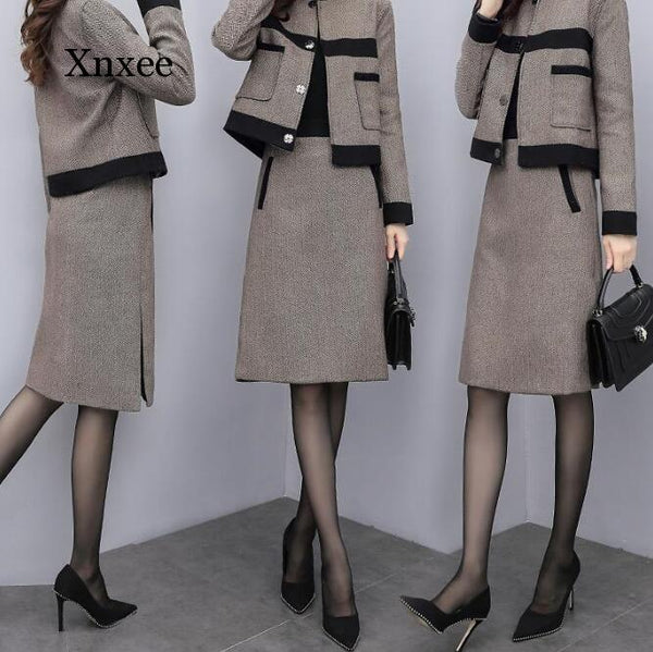 Vintage Woolen Suits Brown Formal Korea Elegant Winter Women Tracksuits Outfits Femenino Jacket Coat Skirt Two Piece Set Female