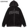 Vintage Zip Up Hoodie Sweatshirt Jacket Y2K Grunge Hip Hop Letter Print Punk Gothic Washed Hooded Coat Streetwear Harajuku Tops