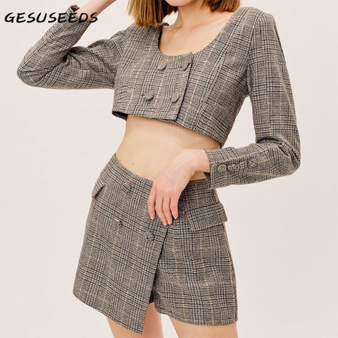 Vintage blazer women tweed jacket long sleeve square cropped blazer elegant plaid skirt shorts fall suit women blazer set korean