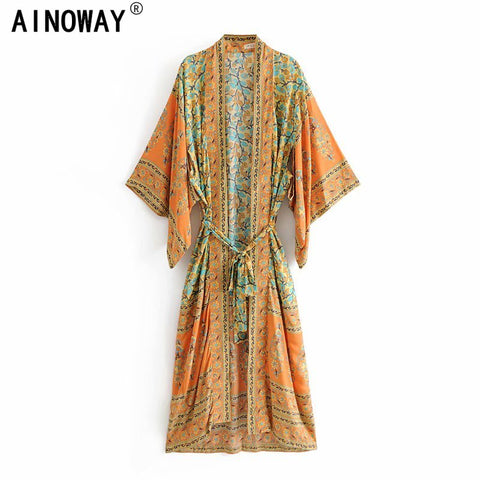 Vintage chic Women yellow Floral Print Sashes beach bohemian Kimono Ladies V Neck batwing Sleeves Maxi robe Boho bikini cover-up