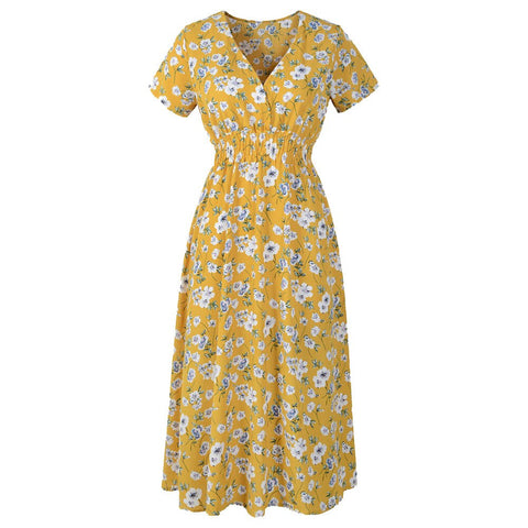 Vintage floral dress Womens V Neck Holiday Floral Print Dress Ladies Summer Beach Party maxi Dress vestido longo cetim vestidos