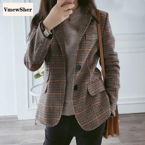 VmewSher British Style Slim Women Plaid Blazers Patch Patchwork Women Classic Suit Coat Formal Lady Single Breasted Outwear