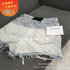 WANG High-quality 1:1 Gradient Pebble-grain Female Denim Shorts 21 High-waisted Fringe Fringed Full-print Pants