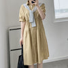 WAYOFLOVE  White Pure Cotton Dress Summer Button Short Sleeve Casual Plus Size Midi Dresses Woman Slim Dresses With Shawl