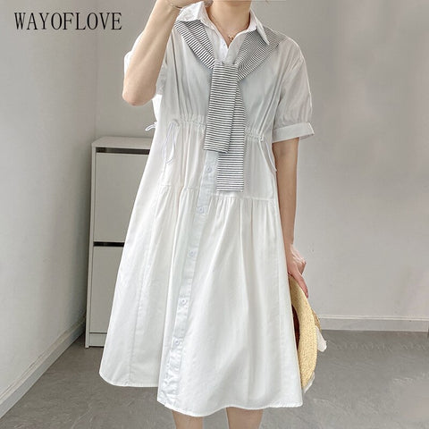 WAYOFLOVE  White Pure Cotton Dress Summer Button Short Sleeve Casual Plus Size Midi Dresses Woman Slim Dresses With Shawl