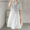 WAYOFLOVE  White Pure Cotton Dress Summer Button Short Sleeve Casual Plus Size Midi Dresses Woman Slim Dresses With Shawl