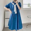 WAYOFLOVE  Solid Blue 100% Cotton Dress Summer Button Casual High Waist Midi Dresses Woman Short Sleeve Slim Dress With Shawl