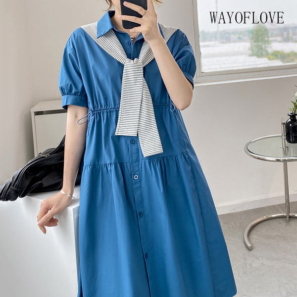 WAYOFLOVE  Solid Blue 100% Cotton Dress Summer Button Casual High Waist Midi Dresses Woman Short Sleeve Slim Dress With Shawl