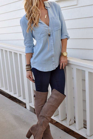 Fashion Ladies Turn Down Neck Button Pocket Top Blouse Women Long Sleeve Split Denim Jeans Blouse Female Casual Shirts