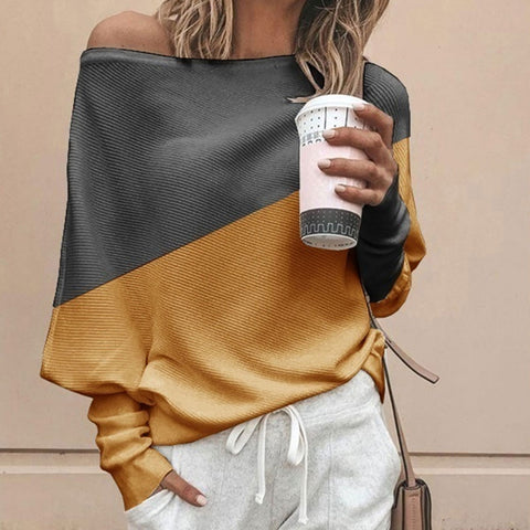 WENYUJH Autumn Winter Contrast Color Women Sweaters and Pullovers Casual Long Sleeve Pull Femme Off Shoulder Knitted Tops Jumper