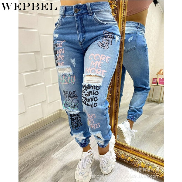 WEPBEL Plus Size Women High Waist Letter Print Ripped Jeans Ladies Hip Hop Hole Straight Denim Pants Trousers