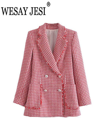 WESAY JESI 2023 Women's Coat Jacket Classic Double Breasted Check Textured Blazer Fringe Pocket Chic Slim Fit For Girls Clothing