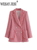 WESAY JESI 2023 Women's Coat Jacket Classic Double Breasted Check Textured Blazer Fringe Pocket Chic Slim Fit For Girls Clothing